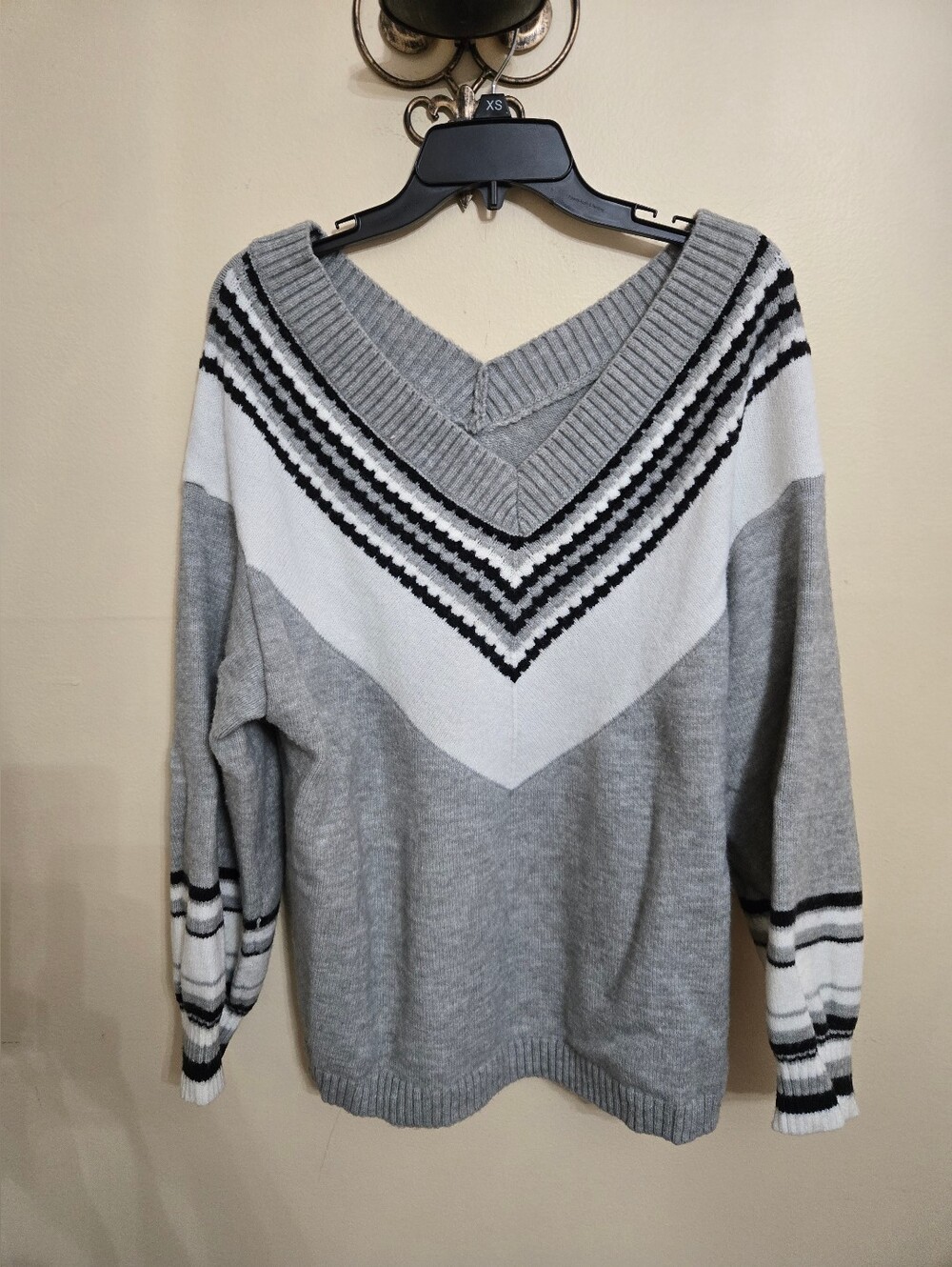 SHEIN Grey, White & Black V‑Neck Chevron Sweater